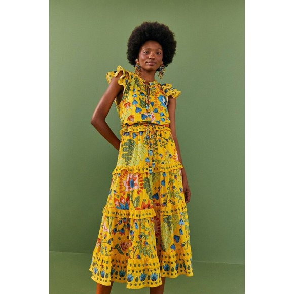Farm Rio Dresses & Skirts - Farm Rio Anthropologie Yellow Summer Garden Frill Midi Dress Printed S